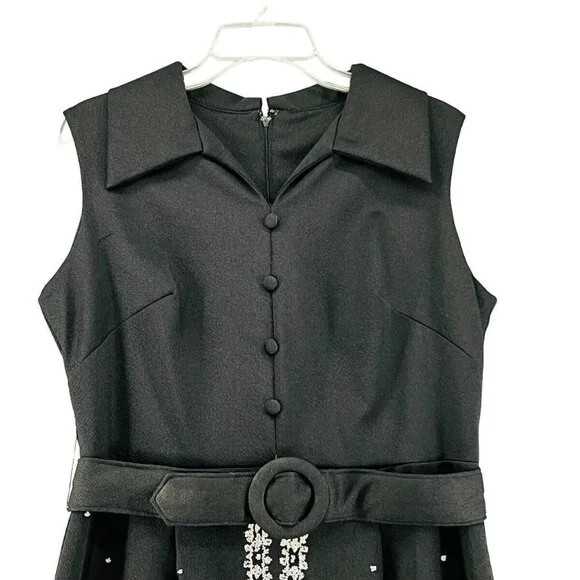 Vintage Maxi Dress Size 16-1/2 60s 70s Sleeveless Black White Stones Trees Avon - Picture 4 of 16